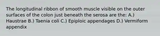 The longitudinal ribbon of smooth muscle visible on the outer surfaces of the colon just beneath the serosa are the: A.) Haustrae B.) Taenia coli C.) Epiploic appendages D.) Vermiform appendix