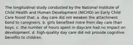 The longitudinal study conducted by the National Institute of Child Health and Human Development (NICHD) on Early Child Care found that: a. day care did not weaken the attachment bond to caregivers. b. girls benefited more from day care than boys. c. the number of hours spent in daycare had no impact on development. d. high-quality day care did not provide cognitive benefits to children.