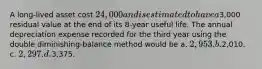 A long-lived asset cost 24,000 and is estimated to have a3,000 residual value at the end of its 8-year useful life. The annual depreciation expense recorded for the third year using the double diminishing-balance method would be a. 2,953. b.2,010. c. 2,297. d.3,375.