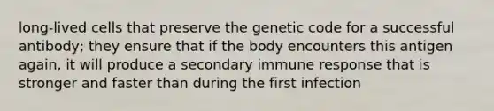 long-lived cells that preserve the genetic code for a successful antibody; they ensure that if the body encounters this antigen again, it will produce a secondary immune response that is stronger and faster than during the first infection