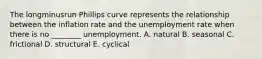 The longminusrun Phillips curve represents the relationship between the inflation rate and the unemployment rate when there is no​ ________ unemployment. A. natural B. seasonal C. frictional D. structural E. cyclical