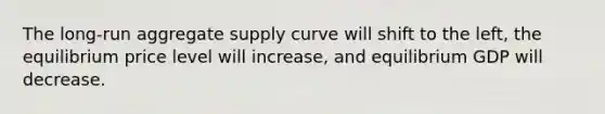 The​ long-run aggregate supply curve will shift to the left, ​the equilibrium price level will increase, and equilibrium GDP will decrease.