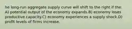 he long-run aggregate supply curve will shift to the right if the: A) potential output of the economy expands.B) economy loses productive capacity.C) economy experiences a supply shock.D) profit levels of firms increase.