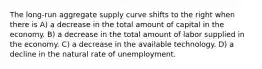 The long-run aggregate supply curve shifts to the right when there is A) a decrease in the total amount of capital in the economy. B) a decrease in the total amount of labor supplied in the economy. C) a decrease in the available technology. D) a decline in the natural rate of unemployment.