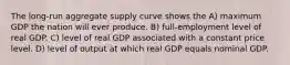 The long-run aggregate supply curve shows the A) maximum GDP the nation will ever produce. B) full-employment level of real GDP. C) level of real GDP associated with a constant price level. D) level of output at which real GDP equals nominal GDP.