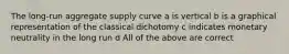 The long-run aggregate supply curve a is vertical b is a graphical representation of the classical dichotomy c indicates monetary neutrality in the long run d All of the above are correct