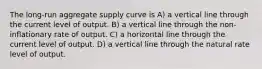 The long-run aggregate supply curve is A) a vertical line through the current level of output. B) a vertical line through the non-inflationary rate of output. C) a horizontal line through the current level of output. D) a vertical line through the natural rate level of output.