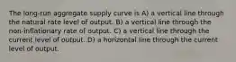 The long-run aggregate supply curve is A) a vertical line through the natural rate level of output. B) a vertical line through the non-inflationary rate of output. C) a vertical line through the current level of output. D) a horizontal line through the current level of output.