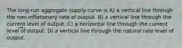 The long-run aggregate supply curve is A) a vertical line through the non-inflationary rate of output. B) a vertical line through the current level of output. C) a horizontal line through the current level of output. D) a vertical line through the natural rate level of output.