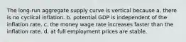 The long-run aggregate supply curve is vertical because a. there is no cyclical inflation. b. potential GDP is independent of the inflation rate. c. the money wage rate increases faster than the inflation rate. d. at full employment prices are stable.