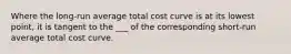 Where the long-run average total cost curve is at its lowest point, it is tangent to the ___ of the corresponding short-run average total cost curve.