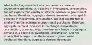 What is the long-run effect of a permanent increase in government spending? A. a decline in investment, consumption, and net exports that exactly offsets the increase in government purchases, therefore, aggregate demand remains unchanged B. a decline in investment, consumption, and net exports that is smaller than the increase in government purchases, therefore, aggregate demand increases C. no change in investment, consumption, or net exports, therefore, no change in aggregate demand D. a decline in investment, consumption, and net exports that is larger than the increase in government purchases, therefore, aggregate demand decreases