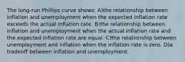 The long-run Phillips curve shows: A)the relationship between inflation and unemployment when the expected inflation rate exceeds the actual inflation rate. B)the relationship between inflation and unemployment when the actual inflation rate and the expected inflation rate are equal. C)the relationship between unemployment and inflation when the inflation rate is zero. D)a tradeoff between inflation and unemployment.