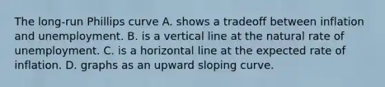 The long-run Phillips curve A. shows a tradeoff between inflation and unemployment. B. is a vertical line at the natural rate of unemployment. C. is a horizontal line at the expected rate of inflation. D. graphs as an upward sloping curve.
