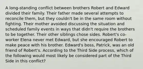 A long-standing conflict between brothers Robert and Edward divided their family. Their father made several attempts to reconcile them, but they couldn't be in the same room without fighting. Their mother avoided discussing the situation and scheduled family events in ways that didn't require the brothers to be together. Their other siblings chose sides. Robert's co-worker Elena never met Edward, but she encouraged Robert to make peace with his brother. Edward's boss, Patrick, was an old friend of Robert's. According to the Third Side process, which of the following would most likely be considered part of the Third Side in this conflict?