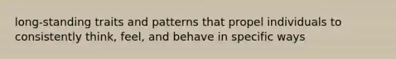 long-standing traits and patterns that propel individuals to consistently think, feel, and behave in specific ways