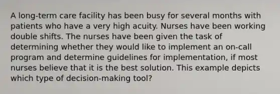 A long-term care facility has been busy for several months with patients who have a very high acuity. Nurses have been working double shifts. The nurses have been given the task of determining whether they would like to implement an on-call program and determine guidelines for implementation, if most nurses believe that it is the best solution. This example depicts which type of decision-making tool?