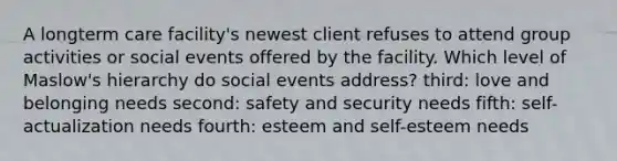 A longterm care facility's newest client refuses to attend group activities or social events offered by the facility. Which level of Maslow's hierarchy do social events address? third: love and belonging needs second: safety and security needs fifth: self-actualization needs fourth: esteem and self-esteem needs