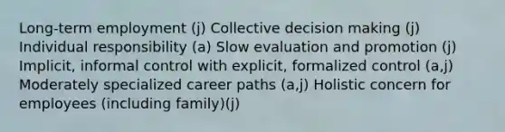 Long-term employment (j) Collective decision making (j) Individual responsibility (a) Slow evaluation and promotion (j) Implicit, informal control with explicit, formalized control (a,j) Moderately specialized career paths (a,j) Holistic concern for employees (including family)(j)