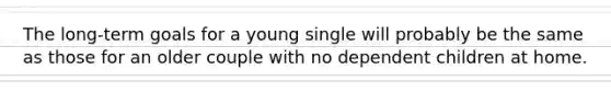 The long-term goals for a young single will probably be the same as those for an older couple with no dependent children at home.