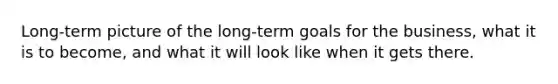 Long-term picture of the long-term goals for the business, what it is to become, and what it will look like when it gets there.