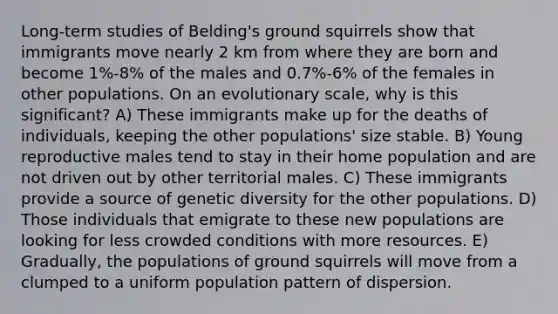 Long-term studies of Belding's ground squirrels show that immigrants move nearly 2 km from where they are born and become 1%-8% of the males and 0.7%-6% of the females in other populations. On an evolutionary scale, why is this significant? A) These immigrants make up for the deaths of individuals, keeping the other populations' size stable. B) Young reproductive males tend to stay in their home population and are not driven out by other territorial males. C) These immigrants provide a source of genetic diversity for the other populations. D) Those individuals that emigrate to these new populations are looking for less crowded conditions with more resources. E) Gradually, the populations of ground squirrels will move from a clumped to a uniform population pattern of dispersion.