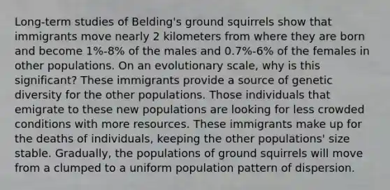 Long-term studies of Belding's ground squirrels show that immigrants move nearly 2 kilometers from where they are born and become 1%-8% of the males and 0.7%-6% of the females in other populations. On an evolutionary scale, why is this significant? These immigrants provide a source of genetic diversity for the other populations. Those individuals that emigrate to these new populations are looking for less crowded conditions with more resources. These immigrants make up for the deaths of individuals, keeping the other populations' size stable. Gradually, the populations of ground squirrels will move from a clumped to a uniform population pattern of dispersion.