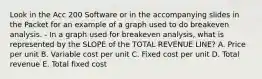 Look in the Acc 200 Software or in the accompanying slides in the Packet for an example of a graph used to do breakeven analysis. - In a graph used for breakeven analysis, what is represented by the SLOPE of the TOTAL REVENUE LINE? A. Price per unit B. Variable cost per unit C. Fixed cost per unit D. Total revenue E. Total fixed cost