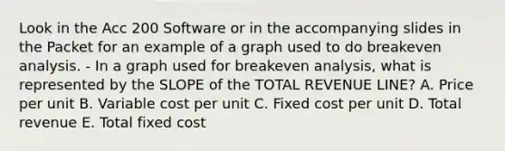 Look in the Acc 200 Software or in the accompanying slides in the Packet for an example of a graph used to do breakeven analysis. - In a graph used for breakeven analysis, what is represented by the SLOPE of the TOTAL REVENUE LINE? A. Price per unit B. Variable cost per unit C. Fixed cost per unit D. Total revenue E. Total fixed cost