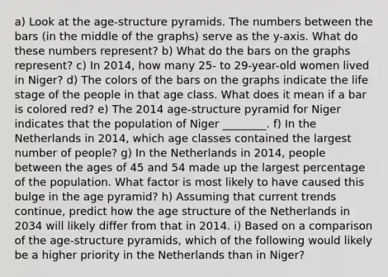 a) Look at the age-structure pyramids. The numbers between the bars (in the middle of the graphs) serve as the y-axis. What do these numbers represent? b) What do the bars on the graphs represent? c) In 2014, how many 25- to 29-year-old women lived in Niger? d) The colors of the bars on the graphs indicate the life stage of the people in that age class. What does it mean if a bar is colored red? e) The 2014 age-structure pyramid for Niger indicates that the population of Niger ________. f) In the Netherlands in 2014, which age classes contained the largest number of people? g) In the Netherlands in 2014, people between the ages of 45 and 54 made up the largest percentage of the population. What factor is most likely to have caused this bulge in the age pyramid? h) Assuming that current trends continue, predict how the age structure of the Netherlands in 2034 will likely differ from that in 2014. i) Based on a comparison of the age-structure pyramids, which of the following would likely be a higher priority in the Netherlands than in Niger?