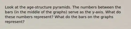 Look at the age-structure pyramids. The numbers between the bars (in the middle of the graphs) serve as the y-axis. What do these numbers represent? What do the bars on the graphs represent?