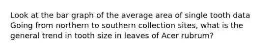 Look at the <a href='https://www.questionai.com/knowledge/kKndKXKlBK-bar-graph' class='anchor-knowledge'>bar graph</a> of the average area of single tooth data Going from northern to southern collection sites, what is the general trend in tooth size in leaves of Acer rubrum?