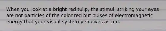 When you look at a bright red tulip, the stimuli striking your eyes are not particles of the color red but pulses of electromagnetic energy that your visual system perceives as red.