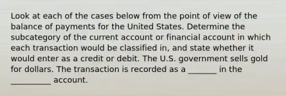 Look at each of the cases below from the point of view of the balance of payments for the United States. Determine the subcategory of the current account or financial account in which each transaction would be classified​ in, and state whether it would enter as a credit or debit. The U.S. government sells gold for dollars. The transaction is recorded as a _______ in the __________ account.