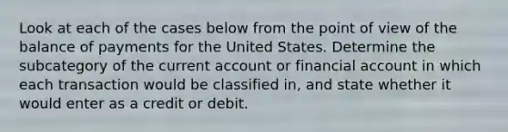 Look at each of the cases below from the point of view of the balance of payments for the United States. Determine the subcategory of the current account or financial account in which each transaction would be classified​ in, and state whether it would enter as a credit or debit.