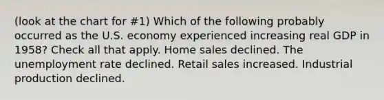 (look at the chart for #1) Which of the following probably occurred as the U.S. economy experienced increasing real GDP in 1958? Check all that apply. Home sales declined. The unemployment rate declined. Retail sales increased. Industrial production declined.