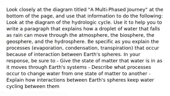 Look closely at the diagram titled "A Multi-Phased Journey" at the bottom of the page, and use that information to do the following: Look at the diagram of the hydrologic cycle. Use it to help you to write a paragraph that explains how a droplet of water that falls as rain can move through the atmosphere, the biosphere, the geosphere, and the hydrosphere. Be specific as you explain the processes (evaporation, condensation, transpiration) that occur because of interaction between Earth's spheres. In your response, be sure to - Give the state of matter that water is in as it moves through Earth's systems - Describe what processes occur to change water from one state of matter to another - Explain how interactions between Earth's spheres keep water cycling between them