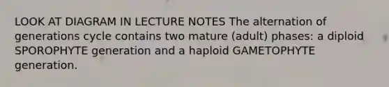 LOOK AT DIAGRAM IN LECTURE NOTES The alternation of generations cycle contains two mature (adult) phases: a diploid SPOROPHYTE generation and a haploid GAMETOPHYTE generation.