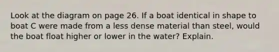 Look at the diagram on page 26. If a boat identical in shape to boat C were made from a less dense material than steel, would the boat float higher or lower in the water? Explain.