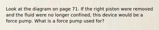 Look at the diagram on page 71. If the right piston were removed and the fluid were no longer confined, this device would be a force pump. What is a force pump used for?