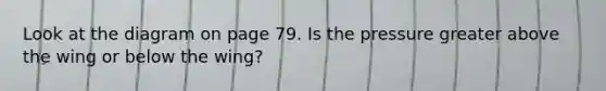 Look at the diagram on page 79. Is the pressure greater above the wing or below the wing?