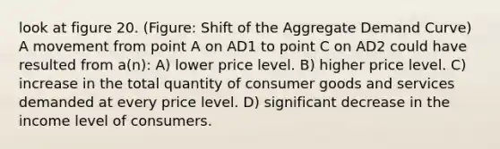 look at figure 20. (Figure: Shift of the Aggregate Demand Curve) A movement from point A on AD1 to point C on AD2 could have resulted from a(n): A) lower price level. B) higher price level. C) increase in the total quantity of consumer goods and services demanded at every price level. D) significant decrease in the income level of consumers.