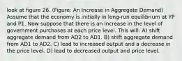 look at figure 26. (Figure: An Increase in Aggregate Demand) Assume that the economy is initially in long-run equilibrium at YP and P1. Now suppose that there is an increase in the level of government purchases at each price level. This will: A) shift aggregate demand from AD2 to AD1. B) shift aggregate demand from AD1 to AD2. C) lead to increased output and a decrease in the price level. D) lead to decreased output and price level.