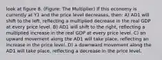 look at figure 8. (Figure: The Multiplier) If this economy is currently at Y1 and the price level decreases, then: A) AD1 will shift to the left, reflecting a multiplied decrease in the real GDP at every price level. B) AD1 will shift to the right, reflecting a multiplied increase in the real GDP at every price level. C) an upward movement along the AD1 will take place, reflecting an increase in the price level. D) a downward movement along the AD1 will take place, reflecting a decrease in the price level.