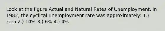 Look at the figure Actual and Natural Rates of Unemployment. In 1982, the cyclical <a href='https://www.questionai.com/knowledge/kh7PJ5HsOk-unemployment-rate' class='anchor-knowledge'>unemployment rate</a> was approximately: 1.) zero 2.) 10% 3.) 6% 4.) 4%