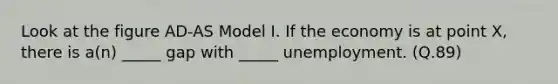 Look at the figure AD-AS Model I. If the economy is at point X, there is a(n) _____ gap with _____ unemployment. (Q.89)