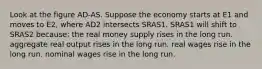 Look at the figure AD-AS. Suppose the economy starts at E1 and moves to E2, where AD2 intersects SRAS1. SRAS1 will shift to SRAS2 because: the real money supply rises in the long run. aggregate real output rises in the long run. real wages rise in the long run. nominal wages rise in the long run.