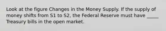 Look at the figure Changes in the Money Supply. If the supply of money shifts from S1 to S2, the Federal Reserve must have _____ Treasury bills in the open market.