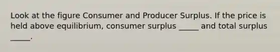 Look at the figure Consumer and Producer Surplus. If the price is held above equilibrium, consumer surplus _____ and total surplus _____.