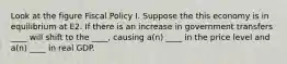 Look at the figure Fiscal Policy I. Suppose the this economy is in equilibrium at E2. If there is an increase in government transfers ____ will shift to the ____, causing a(n) ____ in the price level and a(n) ____ in real GDP.